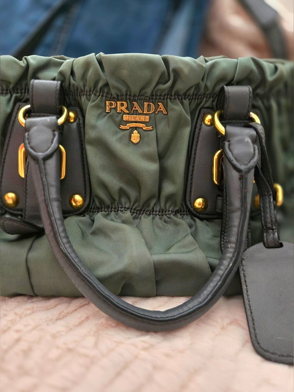 Authentic PRADA Vintage Olive Green Tessuto Gaufre Ruched Nylon Satchel Bag